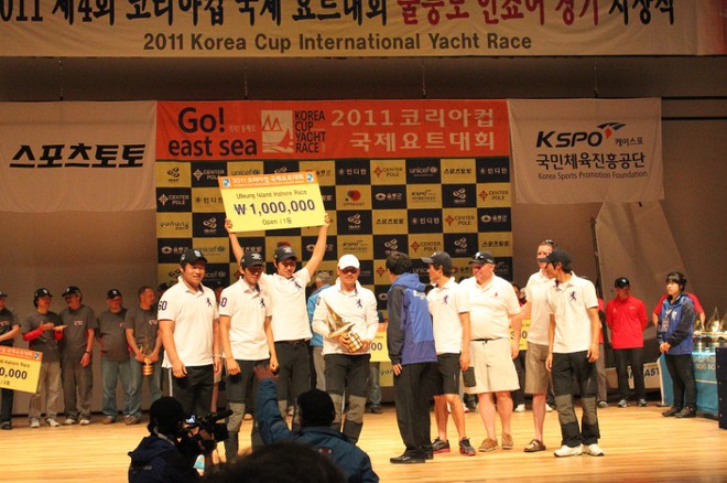 The Crew of Diva accepting their first place awards for the Ulleung Island Inshore Race © SW